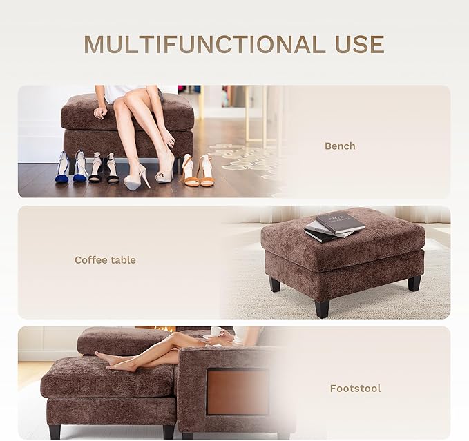 COLAMY 118" U-Shaped Sectional Couch, 4-Seat Modular Sofa with 2 Ottomans and Foldable Side Table, Brown for Living Room