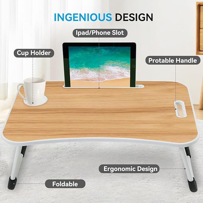 BUYIFY Folding Lap Desk, 23 Inch Portable Wood Yellow Laptop Bed Desk Lap Desk with Cup Holder, for Working Reading Writing, Eating, Watching Movies for Bed Sofa Couch Floor