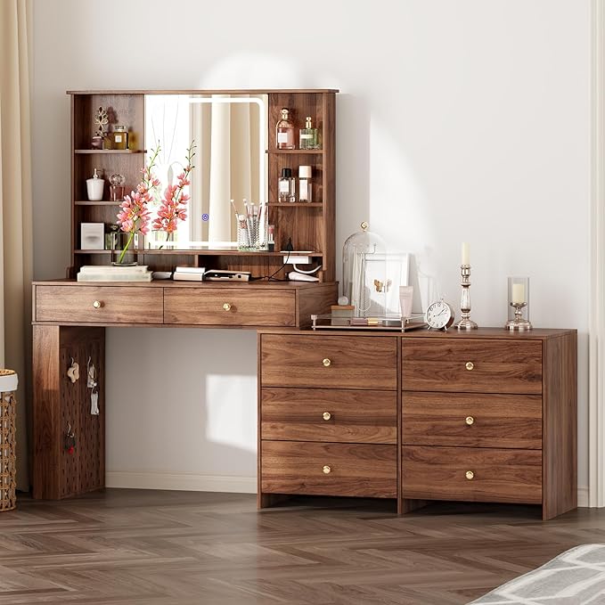 Makeup Vanity Desk with Mirror and Lights, Vanity Desk with 8 Drawers & Storage Shelves, Vanity Table with Power Outlet, 3 Color Modes & Adjustable Brightness Dressing Table, Bedroom,Brown