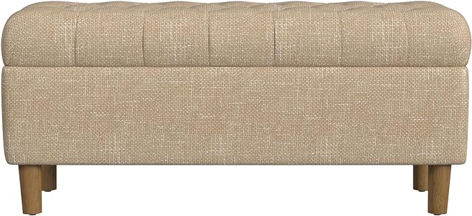 HomePop Home Decor | Tufted Ainsley Button Storage Ottoman Bench with Hinged Lid | Ottoman Bench with Storage for Living Room & Bedroom, Light Tan Textured Solid