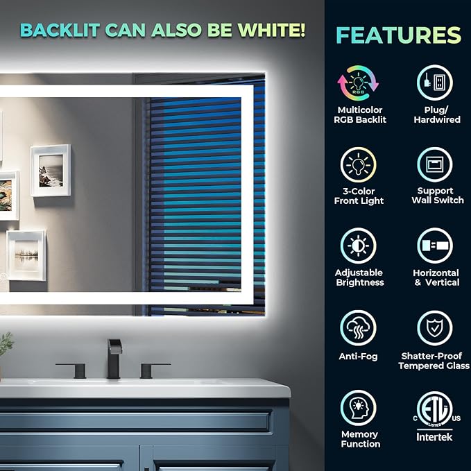 44x36 Inch RGB LED Bathroom Mirror Front Lit and RGB Backlit Lighted Vanity Mirror for Bathroom Wall Dimmable Anti Fog Memory Shatter-Proof IP54 Waterproof Horizontal/Vertical
