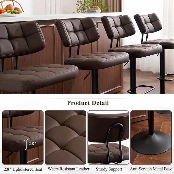Furniliving Upholstered Bar Stools Set of 4, Faux Leather Swivel Bar Stools with Back, Adjustable Counter Height Barstools for Kitchen Island, Dining Space, Brown
