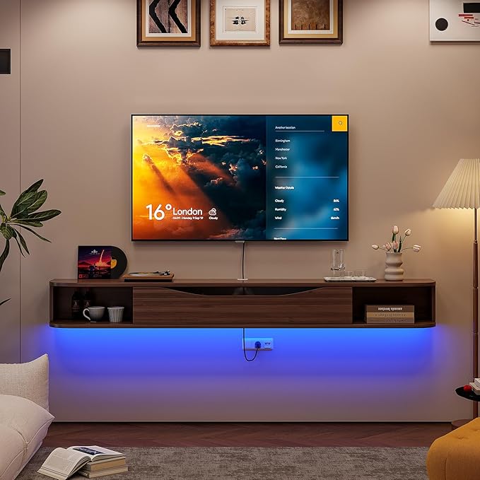 Floating TV Stand,78'' Wall Mounted TV Cabinet,Floating TV Console,Under TV Shelf with 1 Door and 2 Cabinets for TVs up to 78''(Walnut)