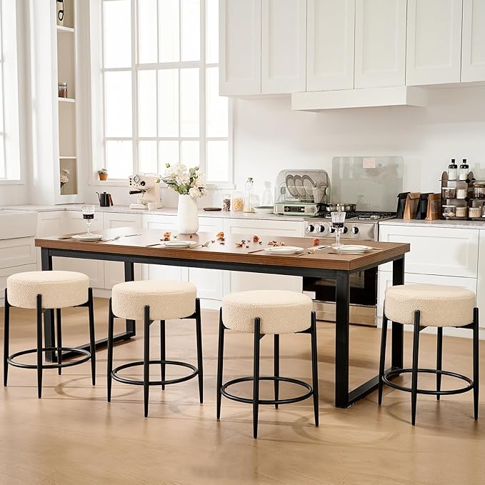 Dining Room Chairs Set of 6, 23.6" Sherpa Backless Beige Boucle Dining Chair with Black Metal Legs, Mid Century Modern Living Room Round Upholstered Chairs