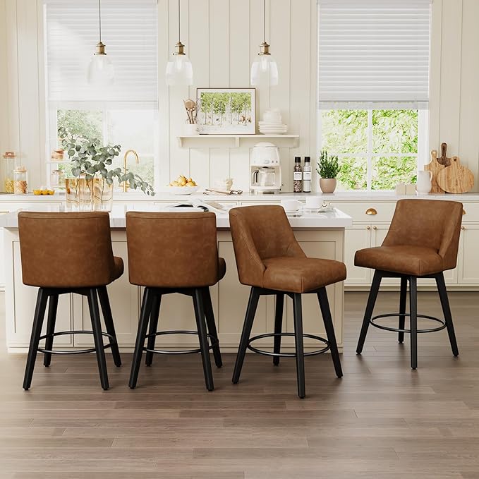 Vipbear Swivel Counter Height Bar Stools Set of 4,26.8" H Counter Stools with Back, Mid Century Modern Bar Stools for Kitchen Island,Faux Leather,Wooden Base, Brown