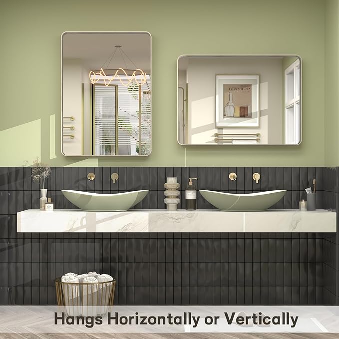 32x36 Inch Brushed Nickel Bathroom Mirror, Brushed Silver Metal Framed Wall Mirror, Rounded Corner Rectangle Modern Vanity Mirror, Tempered Glass, Anti-Rust, Shatterproof (Horizontal/Vertical)