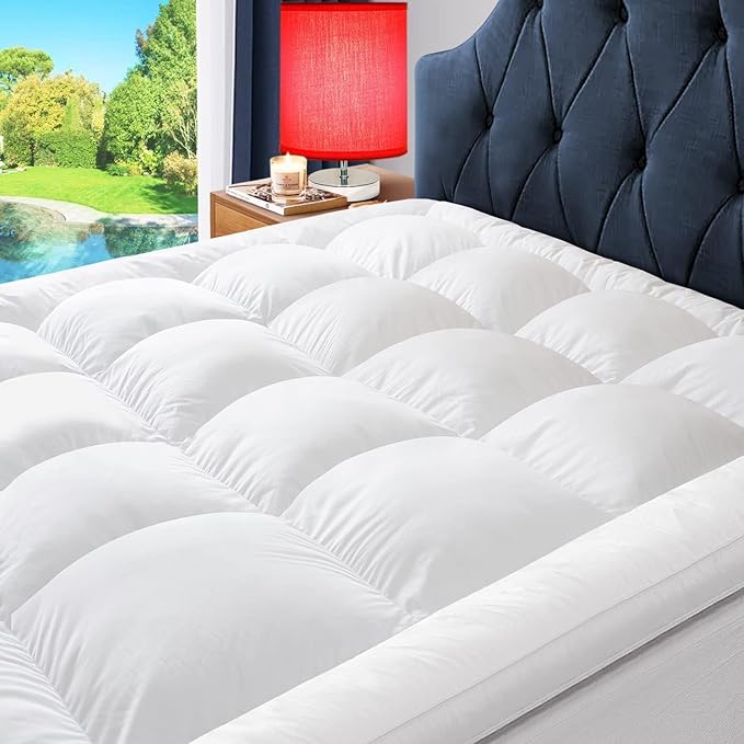 ELEMUSE 1300 GSM Overfilled Mattress Topper Queen with Baffle Box Design,Extra Thick Cooling Pillow Top Pad, 400TC Cotton Cover, Plush & Support Snow Down Alternative, White