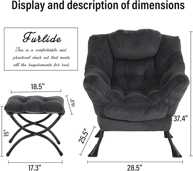 Oversized Chair with Ottoman, Modern Reading Chair, Lounge Accent Chair with Armrests and a Side Pocket for Small Space, Bedroom, Study, Living Room (Plush Dark Greyish Blue)