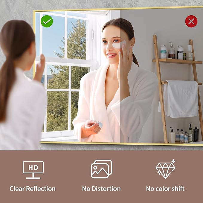 YIROMAN Bathroom Mirror 60"x40", Large Brushed Gold Bathroom Mirror for Over Sink with Aluminum Frame, Rectangular Vanity Mirror with Right Angle, Wall Mirror Hangs Horizontal or Vertical