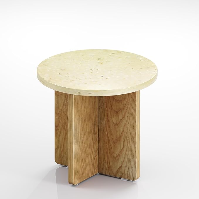 Melino Ocean-Plastic Round Side Table for Living Room, Bedroom, Nightstand with FSC Wood Base, Easy Assembly, Accent/Coffee Table (Plena Pearl, 14.6" D x 14.6" W x 13" H)