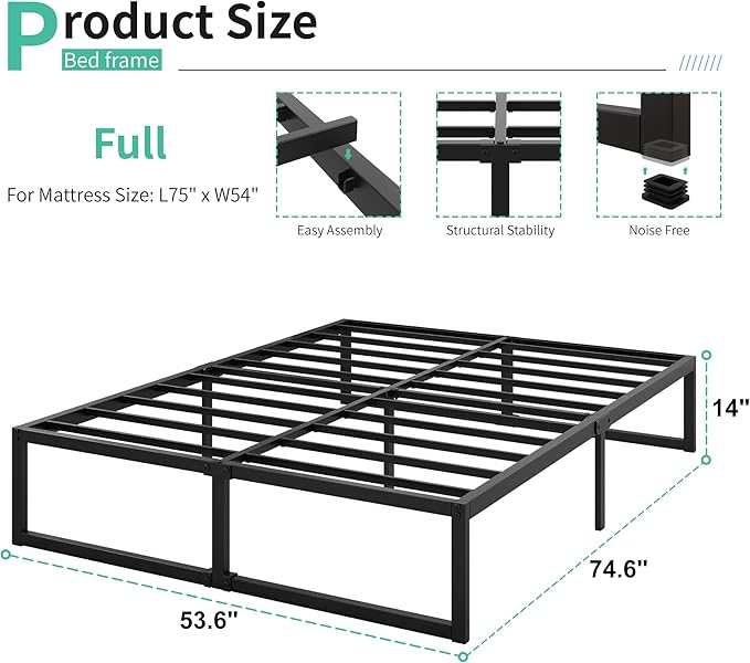 14 Inch Full Size Bed Frame No Box Spring Needed, Heavy Duty Metal Platform Beds with Sturdy Steal Slats for Mattress Foundation, Easy Assembly, Noise Free, Black