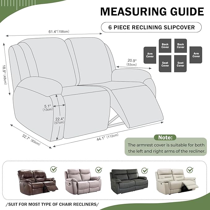 vctops 6 Pieces Geometric Jacquard Plush Recliner Loveseat Slipcovers Soft Fuzzy Fluffy Sofa Couch Cover Anti-Slip Furniture Protector with Elastic Bottom for Kids Cats Dogs(Green,2 Seat)