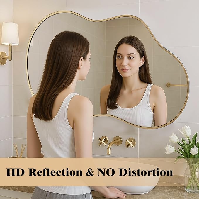 WEER Irregular Wall Mirror, 24x36 inch Gold Asymmetrical Mirror Wall Mounted Mirrors Decorative, Abstract Wavy Aluminum Alloy Frame Mirror for Bathroom, Bedroom, Living Room, Entryway