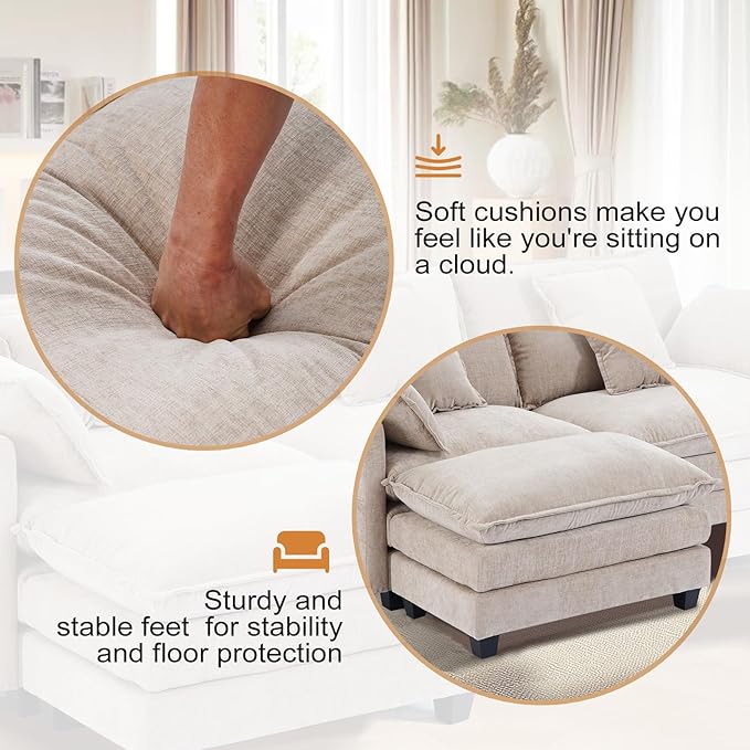 Furniliving 112‘’ L-Shaped Sofa, Luxury Chenille Modular Sectional Couches with Ottoman, Upholstered Deep Seat Sleeper Sofa with Memory Foam and Waist Pillows, Camel