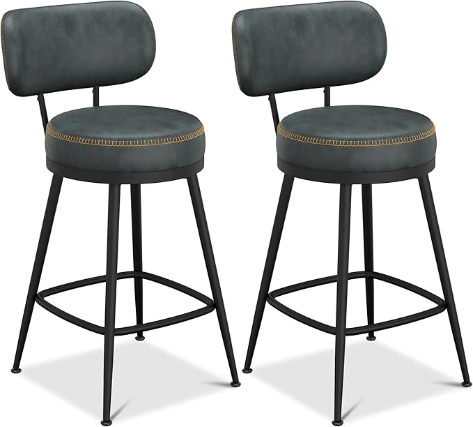 Counter Height Bar Stools, 26" H Swivel Barstools Set of 8, Faux Leather Kitchen Counter Stools with Back and Stylish Stitching, Metal Frame, Pub, Home Bar, Balck Green