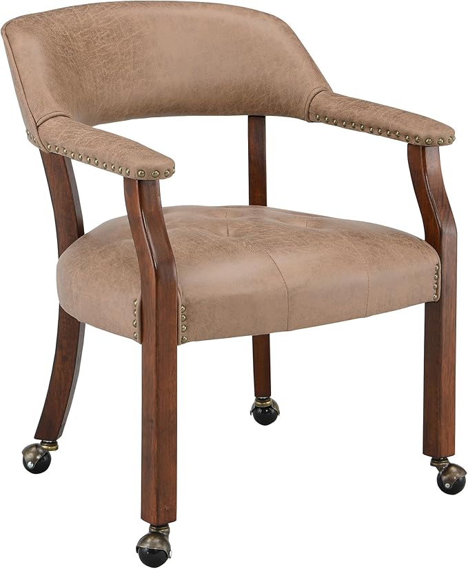 LEEMTORIG Large Dining Chairs with Casters and Arms, Rolling Dining Chairs with Wheels, Solid Wood Office Desk Chairs, 26“Dx25.2 Wx31.5“H, Cherry Legs & Yellowish Brown Fabric SY-1533-LT