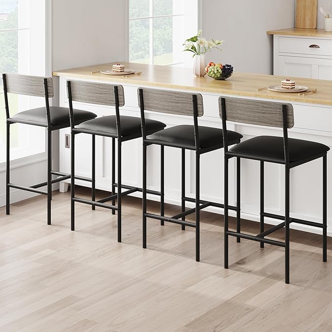 GarveeHome Bar Stools Set of 4, Upholstered Counter Height Bar Stools with Backrest and Footrest, Kitchen Barstools for Island, Counter Bar, Easy Assembly, Rustic Gray