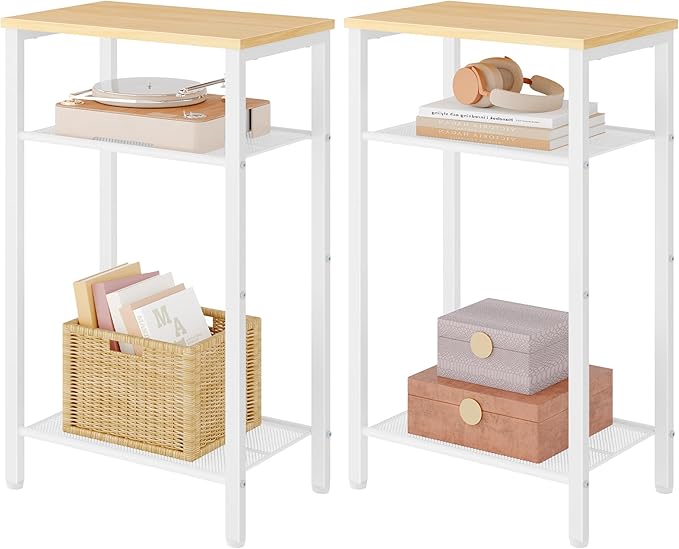 Hoctieon 2-Set 3 Tier End Table, Telephone Table Set of 2, Tall Side Table with Storage Set of 2, Small Nightstand for Small Spaces, Metal Frame, White and Yellow Oak