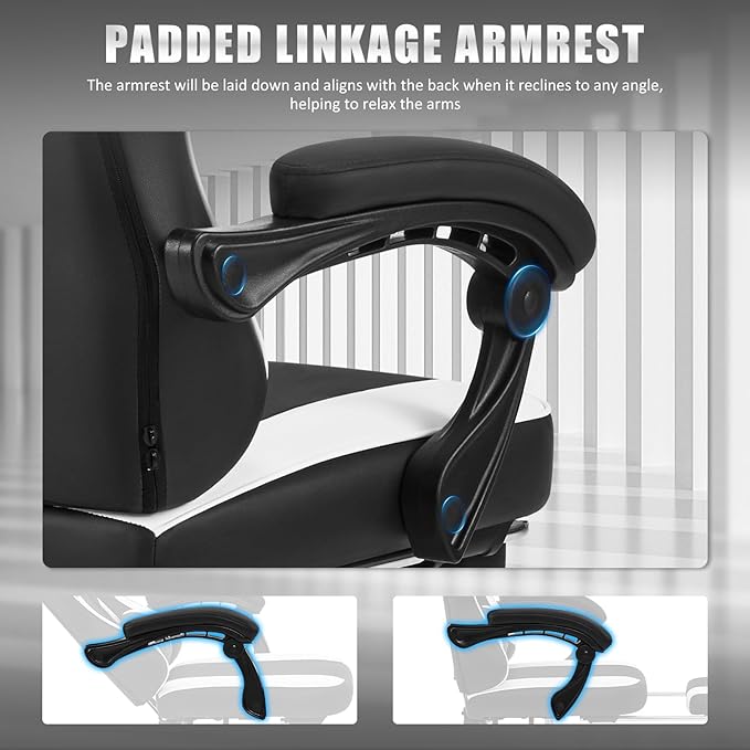 Gaming Chair for Adults and Teens, Ergonomic Leather Video Game Chairs with Footrest, Wide Seat, Reclining Back, Neck & Lumbar Support, Adjustable Swivel Computer Desk Chair, Black/White