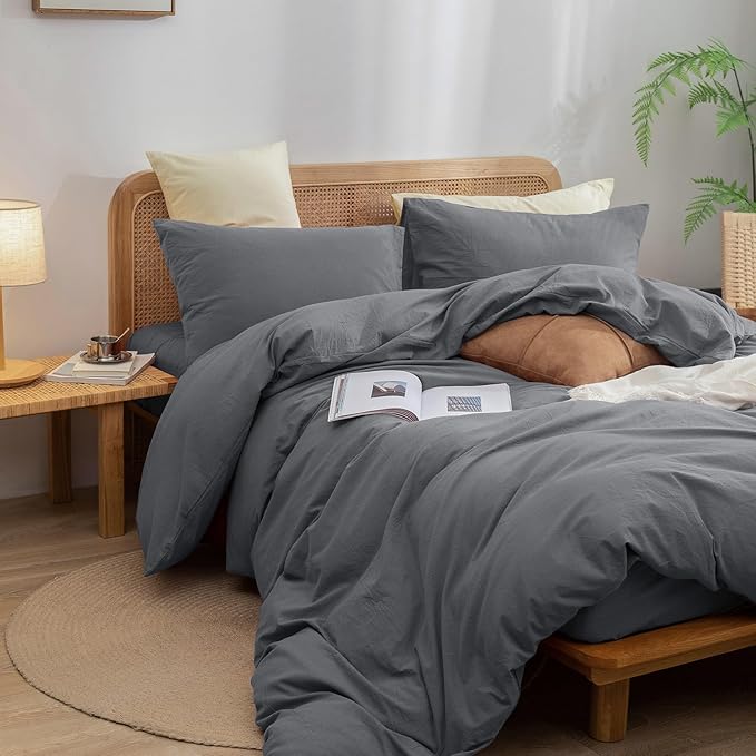 BESTOUCH Duvet Cover Set 100% Washed Cotton Linen Feel Super Soft Comfortable Chic Lightweight 3 PCs Home Bedding Set Solid Quiet Shade Grey Super King