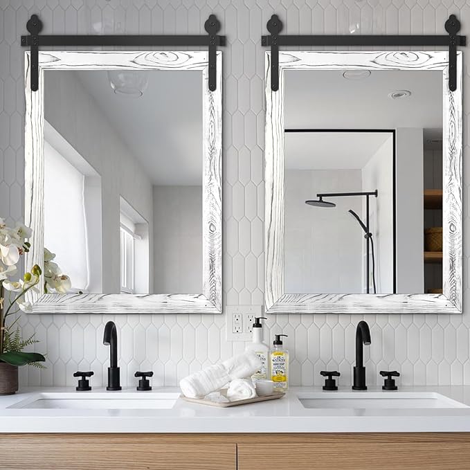 YOSHOOT Farmhouse Barn Door Mirror, 32"x24" Rustic Wood Framed Wall Mounted Vintage Mirror, Wooden Farmhouse Style for Bathroom Living Room Entryway, White, Vertical Hanging ONLY