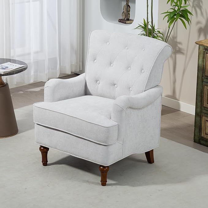 Ball & Cast Comfy Chenille Club Sofa Living Room Chairs,Accent Chair with Springs Cushions & Retro Wooden Legs,Reading Armchair for Bedroom,Office,Oatmeal
