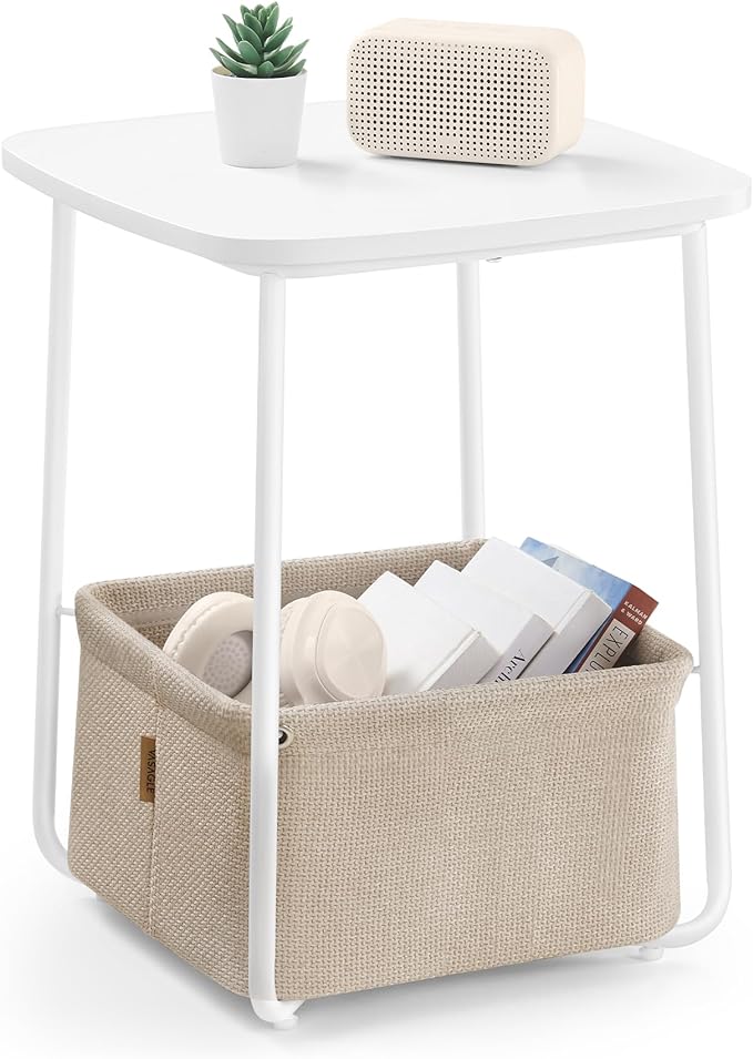 VASAGLE End Table, Side Table with Fabric Basket, Modern Nightstand, Square Bedside Table, for Living Room, Bedroom, Matte White and Camel Brown ULET229W10