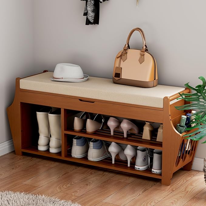 39.4in Shoe Bench with 2 Side Holder, 3 Tier Bamboo Entryway Bench with Storage, Shoe Rack Bench Organizer with Cushion for Entryway Hallway Living Room, Holds up to 330lbs