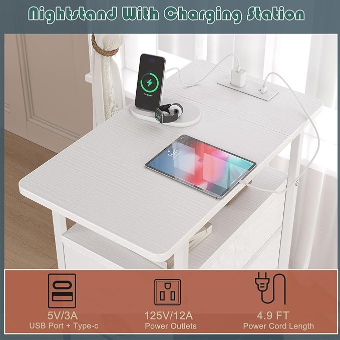 End Table with Charging Station, Side Tables Livingroom with USB Ports and Outlets,Narrow Nightstands Bedside Tables with 3 Drawers PU Finish for Small Space,Slim Sofa Table Bedroom,White