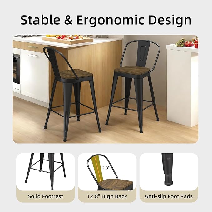 Metal Bar Stools Set of 4, High Back Bar Stools with Wooden Seat, 24 inch Black Barstools for Kitchen Island