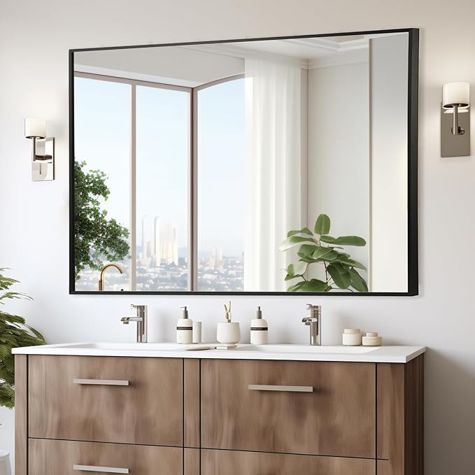 Black Bathroom Mirror, 26"x38" Rectangle Mirror, Matte Black Mirror, Metal Frame Square Corner Vanity Mirror, Wall Mounted Mirror for Modern, Living Room, Bedroom, Horizontal Or Vertical