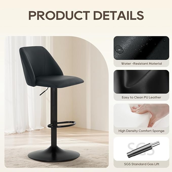 COLAMY Bar Stools Set of 3, Modern Swivel Bar Chairs, Adjustable PU Leather Upholstered Barstools Counter Height with Full Backrest for Bar, Dining Room, Kitchen Island, Black
