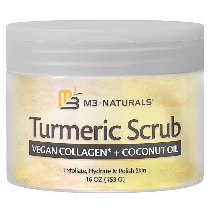 Exfoliating Turmeric Scrub and Skin Exfoliator with Collagen and Coconut Oil, Gently Exfoliates Face, Body, Hands, and Feet, Moisturizing Skincare, 16 oz by M3