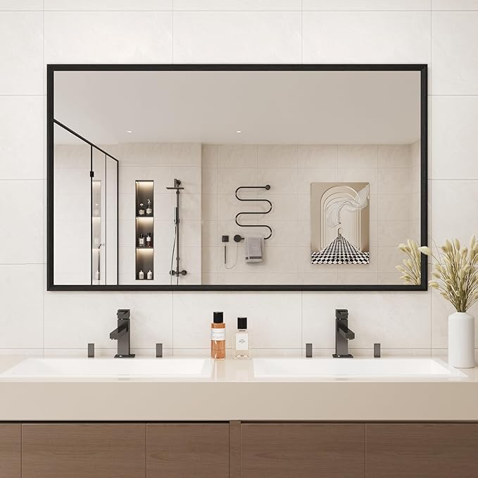 Rectangle Bathroom Mirror 60x36 Inch, Matte Black Framed, 4MM Tempered Glass, Anti-Rust, Wall-Mount Vanity Mirror for Bathroom & Bedroom, Hangs Horizontally or Vertically