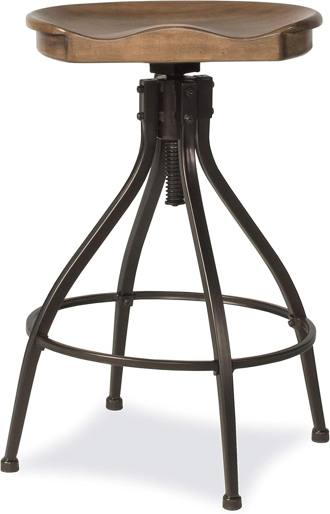 Hillsdale Worland Backless Metal Adjustable Height Stool with Wood Saddle Seat, Set of 2, Brown