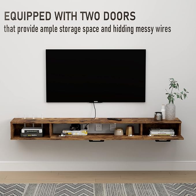 Pmnianhua Farmhouse Floating TV Stand with 2 Doors for TVs up to 80'',78'' Under TV Shelf Floating,Wall Mounted TV Shelf,Rustic Floating TV Console for Under TV(Rustic Brown)