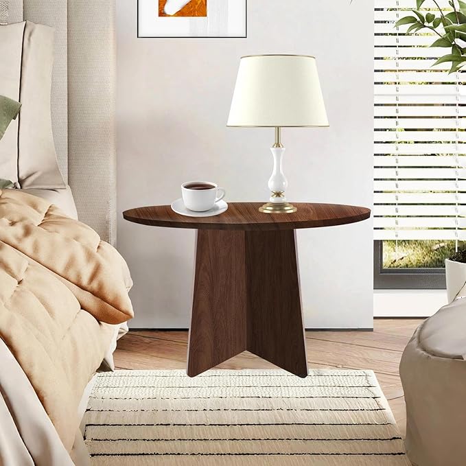 Wood End Table, Round Side Tables Living Room, Small End Tables for Small Spaces, Sofa, Bedroom, Office, 19.7 x 17.7 in Wooden Side Table, Rustic Walnut