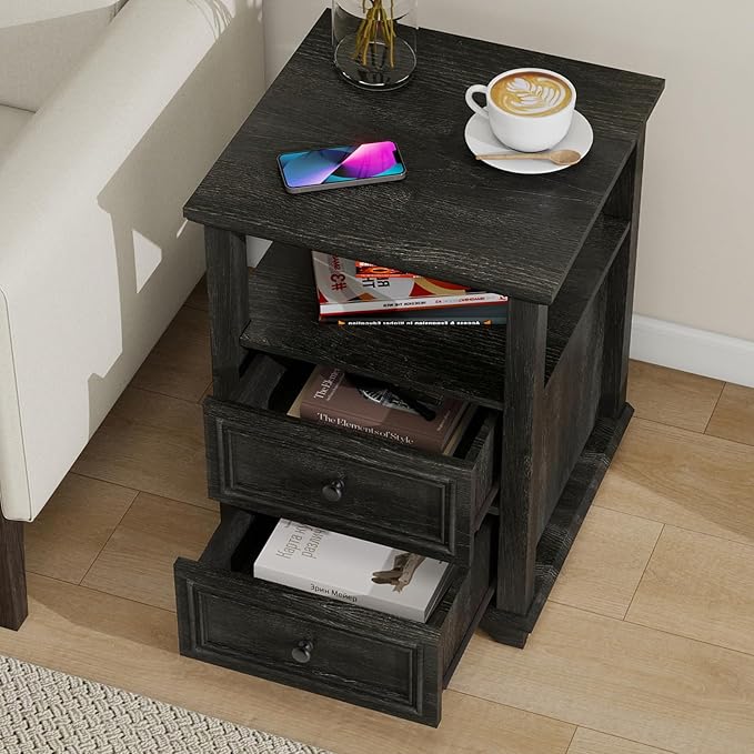 Vipbear Farmhouse Nightstand 18" Dark Gray End Table with Charging Station & 2 Drawers, Rustic Bedside Table with Storage Shelf for Bedroom, Living Room,18.1" D x 18.1" W x 24.2" H, Set of 2
