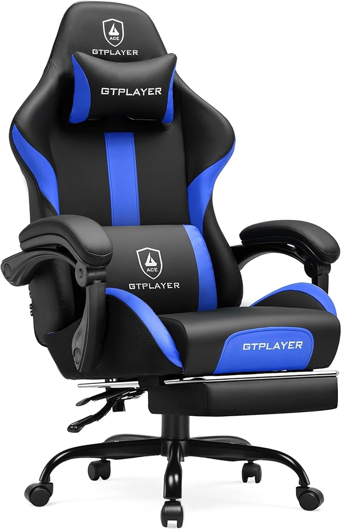 GTRACING Gaming Chair with Foot Rest & Pocket Spring Cushion, Ergonomic High Back Computer Chair with Headrest & 360°-Swivel Seat for Home Office Desk, PU Leather, Blue