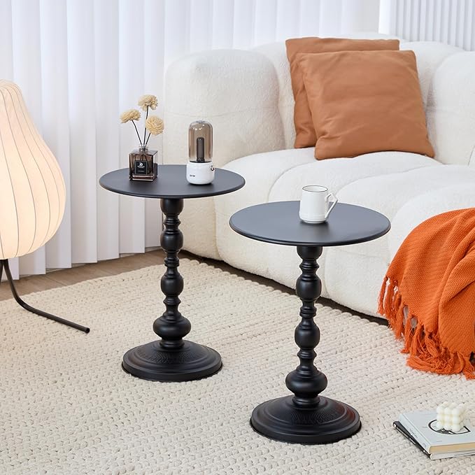 Chic Vintage Round Side Table with Elegant Roman Columns - Sturdy Metal Construction, Perfect for Coffee, End, Tea, or Leisure Use in Living Room or Bedroom Decor (Black 1 Pack)