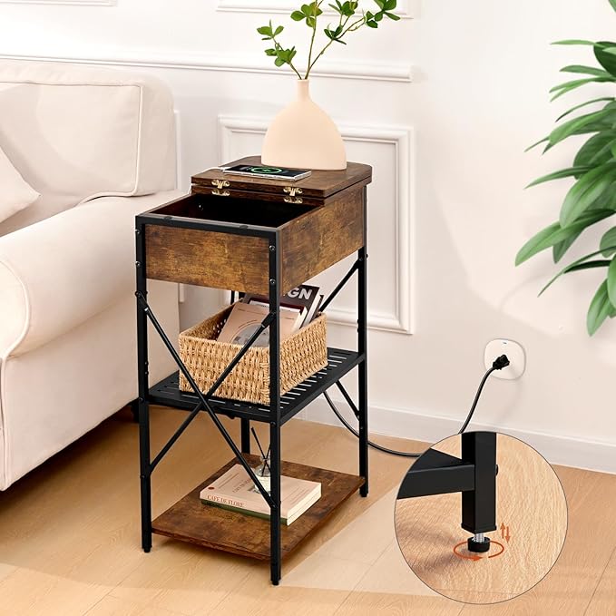Narrow Side Table with Charging Station, End Tables Set of 2 for Small Spaces, Flip Top End Table with Storage, End Tables Living Room, Nightstand Set 2 with Drawer for Bedroom, Brown