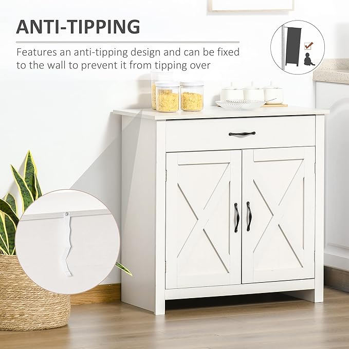 HOMCOM Farmhouse Sideboard Buffet Cabinet, Barn Door Coffee Bar Cabinet with Drawer and Adjustable Shelf, for Living Room, Entryway, White Wash
