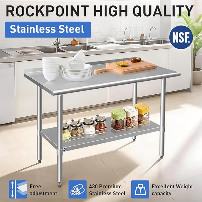 ROCKPOINT Stainless Steel Table for Prep & Work with Backsplash 18x24 Inches, NSF Metal Commercial Kitchen Heavy Duty Table with Adjustable Under Shelf and Table Foot for Restaurant, Home and Hotel