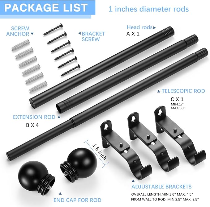 Curtain Rods for Windows 16 to 92 Inches, Curtain Rod Max Adjustable Length of 104 IN, 1" Diameter Drapery Rods Round Finials, Black, Pack of 1