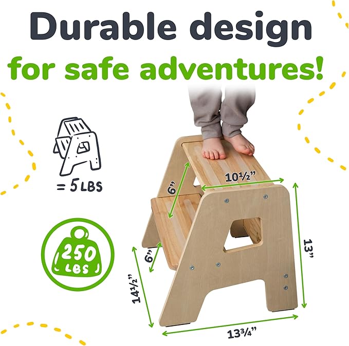 2-Step Wooden Step Stool for Toddlers | Kids Stool for Bathroom Sink & Kitchen Use | Non-Slip Step | Wooden Stool for Children Ages 2+ Years Varnished