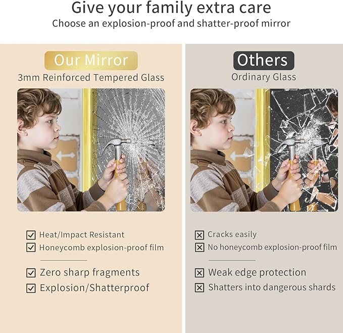 Koonmi Gold Bathroom Mirror for Wall, 36x48 Inch Matte Metal Deep Framed Rounded Corner Wall Mirror, Shatterproof Tempered Glass for Farmhouse Bedroom Entryway, Vertically or Horizontally