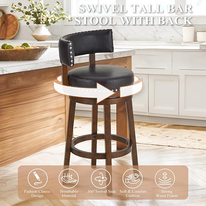 COLAMY Swivel Bar Stool, Swivel Bar Height Bar Stool, Modern Swivel Barstool with Back, Upholstered Wood Barstool for Kitchen Island Dining Room Bar, Dark Brown, FM-4840-30-DarkBrown-L