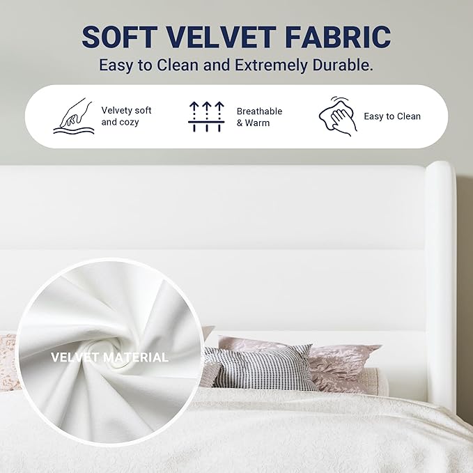 Allewie Full Size Platform Bed Frame with Velvet Upholstered Wingback Headboard, No Box Spring Needed, Under Bed Storage Space, Strong Wooden Slats, Modern Mattress Foundation, Easy Assembly, White