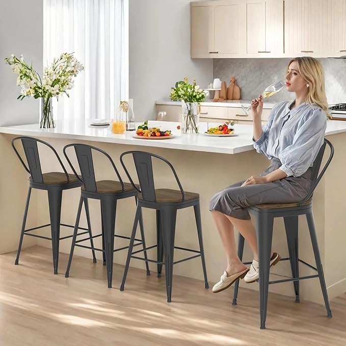 26” Swivel Bar Stools Set of 4, Counter Height Bar Stools Wooden Seat, Metal Industrial Bar Chairs with High Back for Kitchen Island (Black)