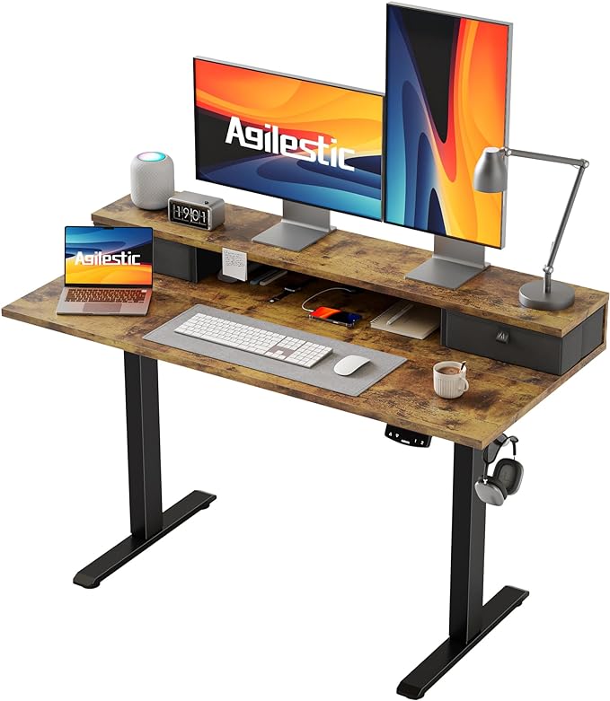 Agilestic Electric Standing Desk with 2 Drawers, 48 x 23 Inches Height Adjustable Desk, 2 Fabric Drawers, Rustic Brown